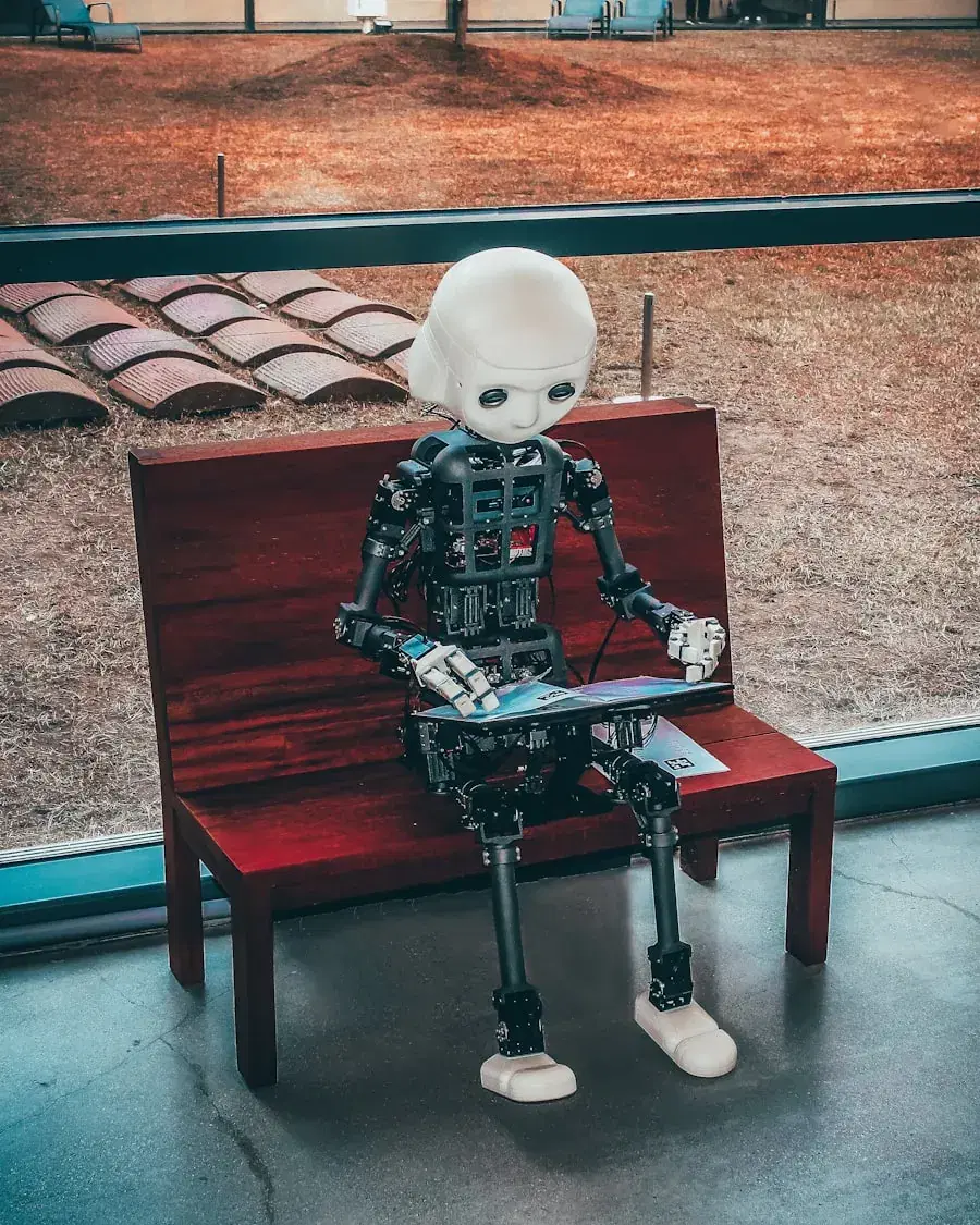 A humanoid robot reading on a bench