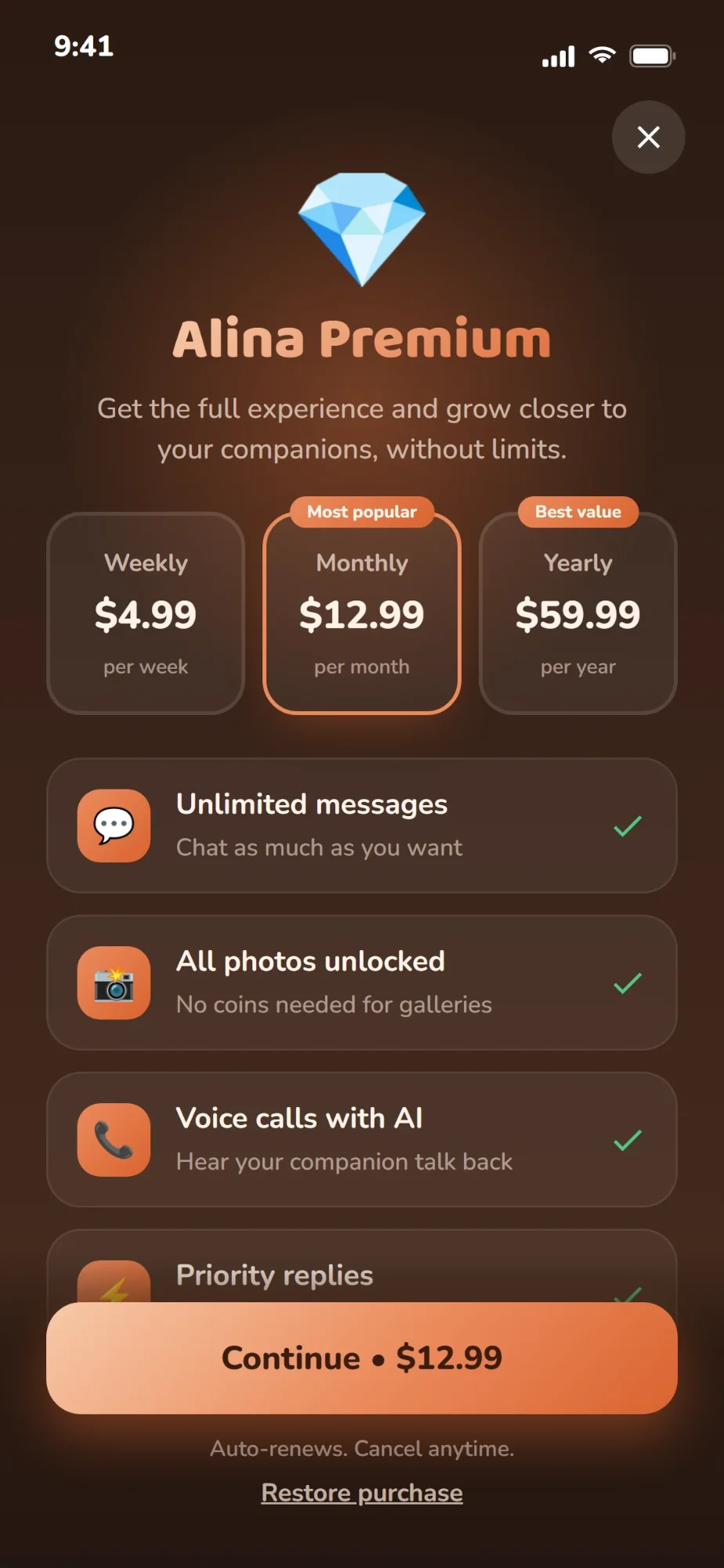 Premium screen with weekly, monthly and yearly plans and member benefits