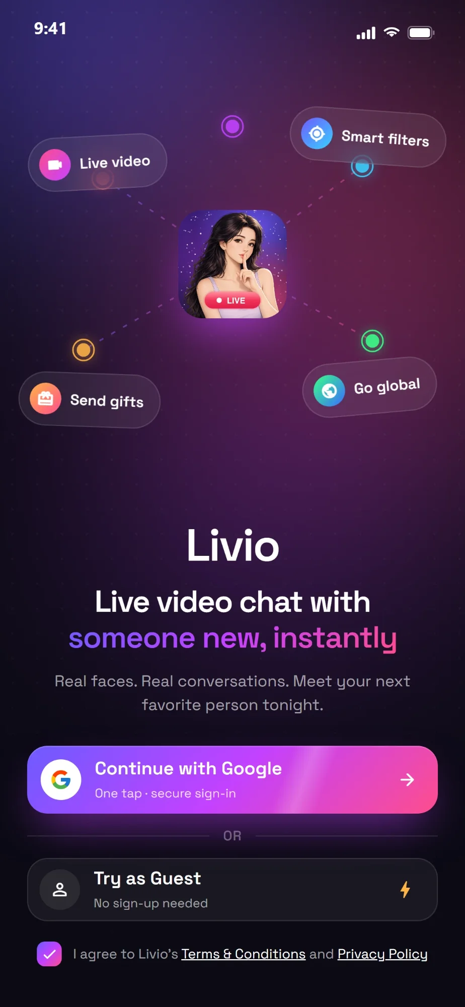 Livio login screen with Google and guest sign-in