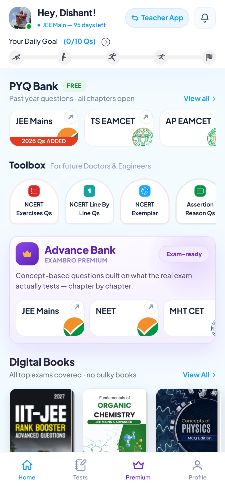 ExamBro student home with PYQ bank, toolbox and daily goal