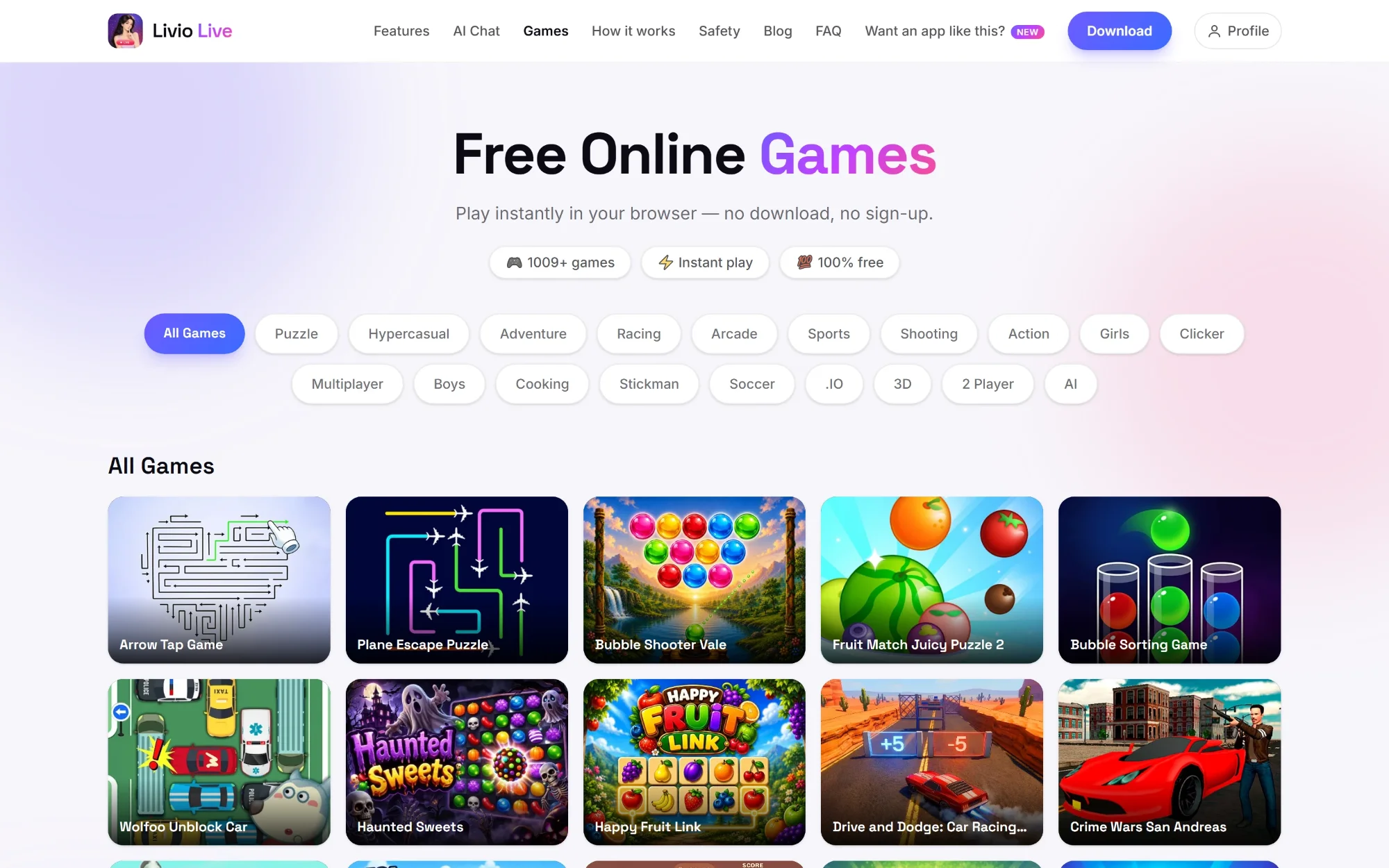 Free online games page on the Livio Live website