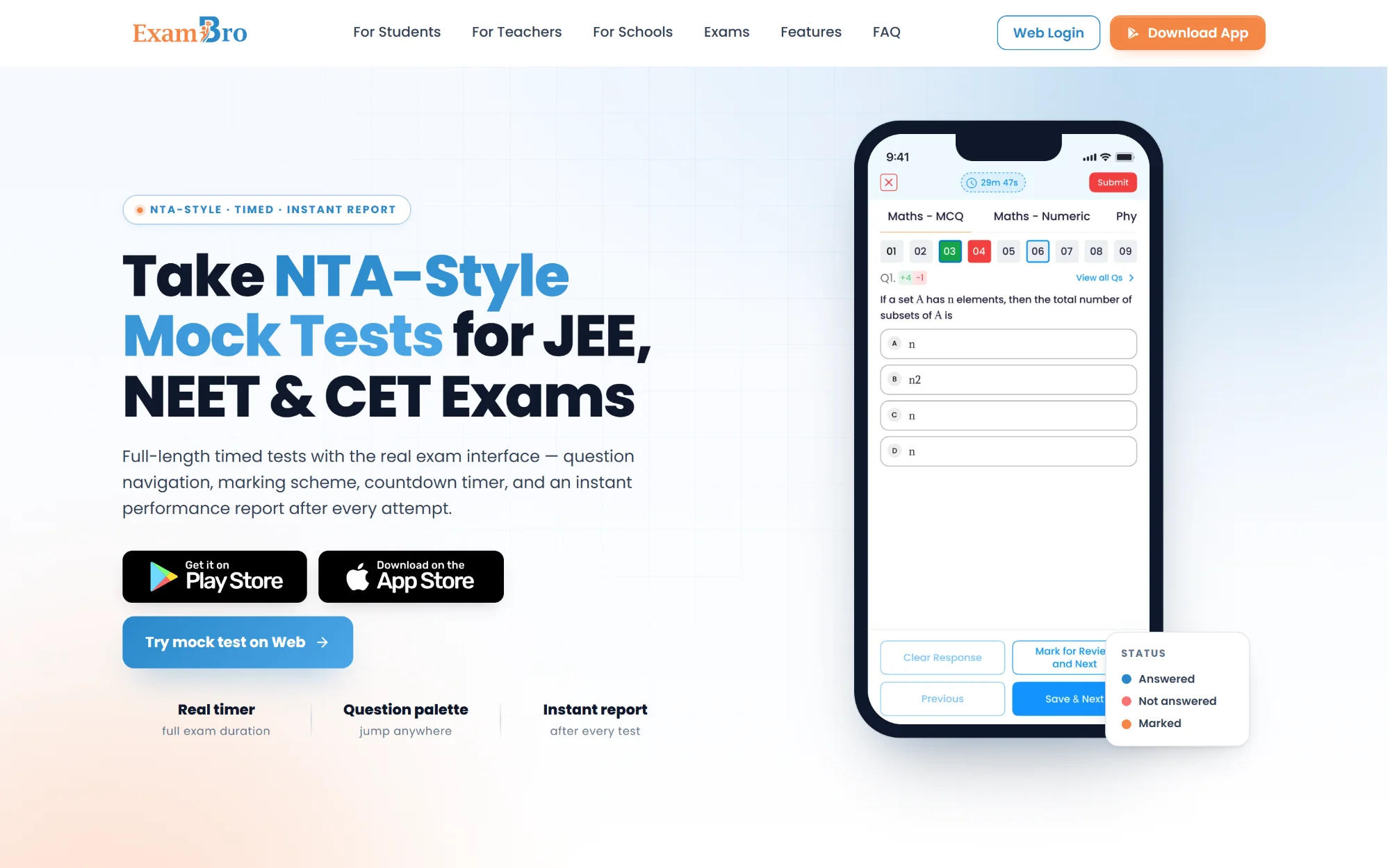 ExamBro mock test page with an NTA-style test on a phone
