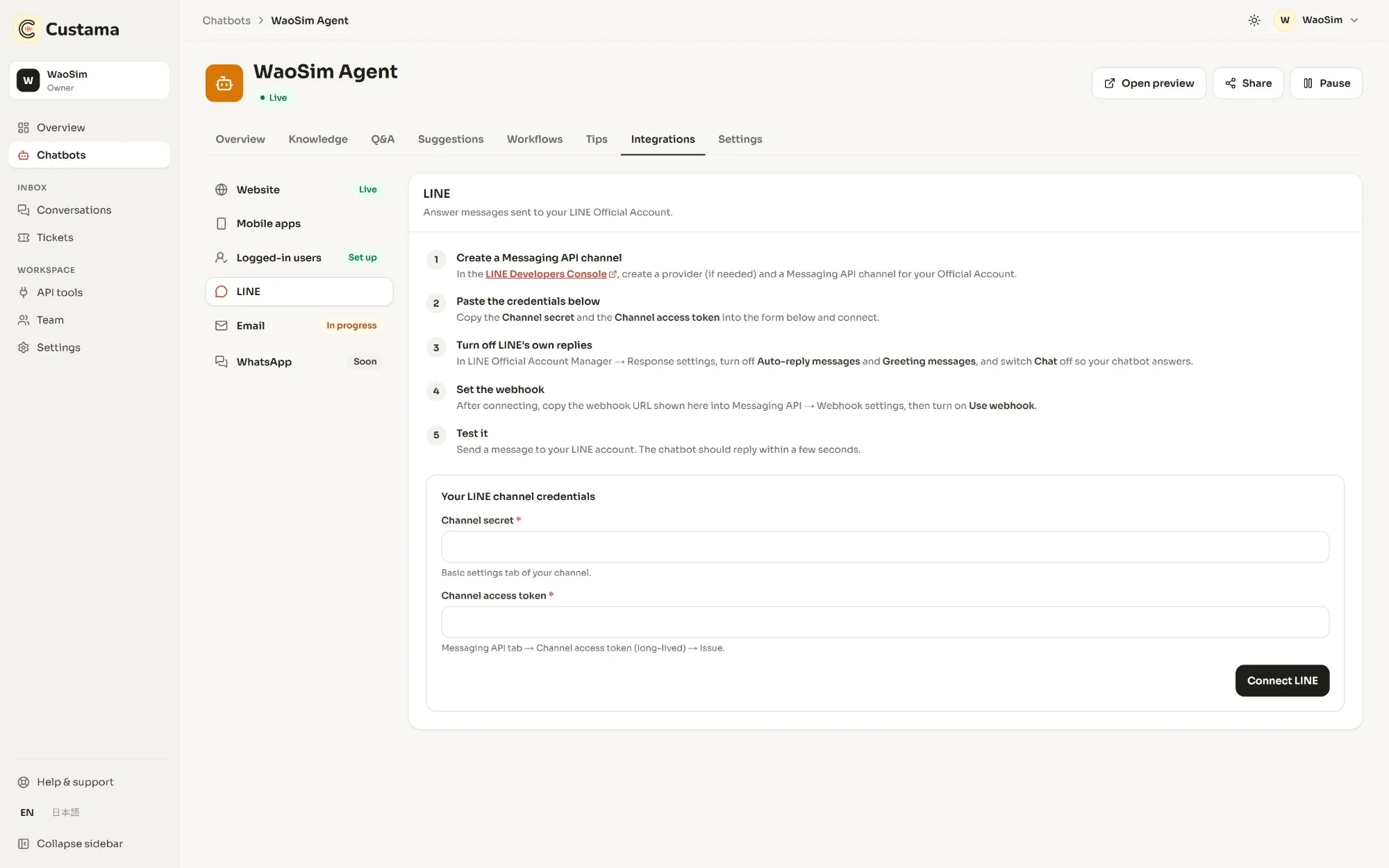 Custama LINE integration setup with step-by-step instructions