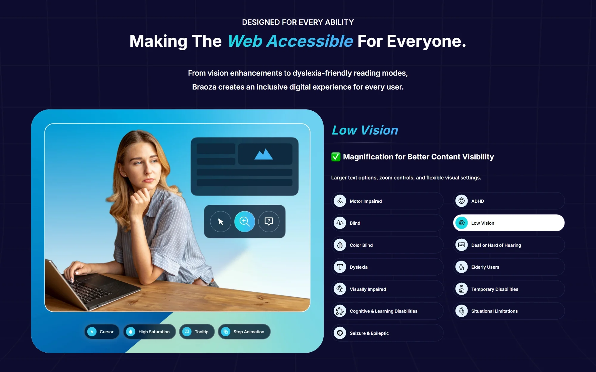 Braoza accessibility profiles for low vision, dyslexia, ADHD, hearing loss and more