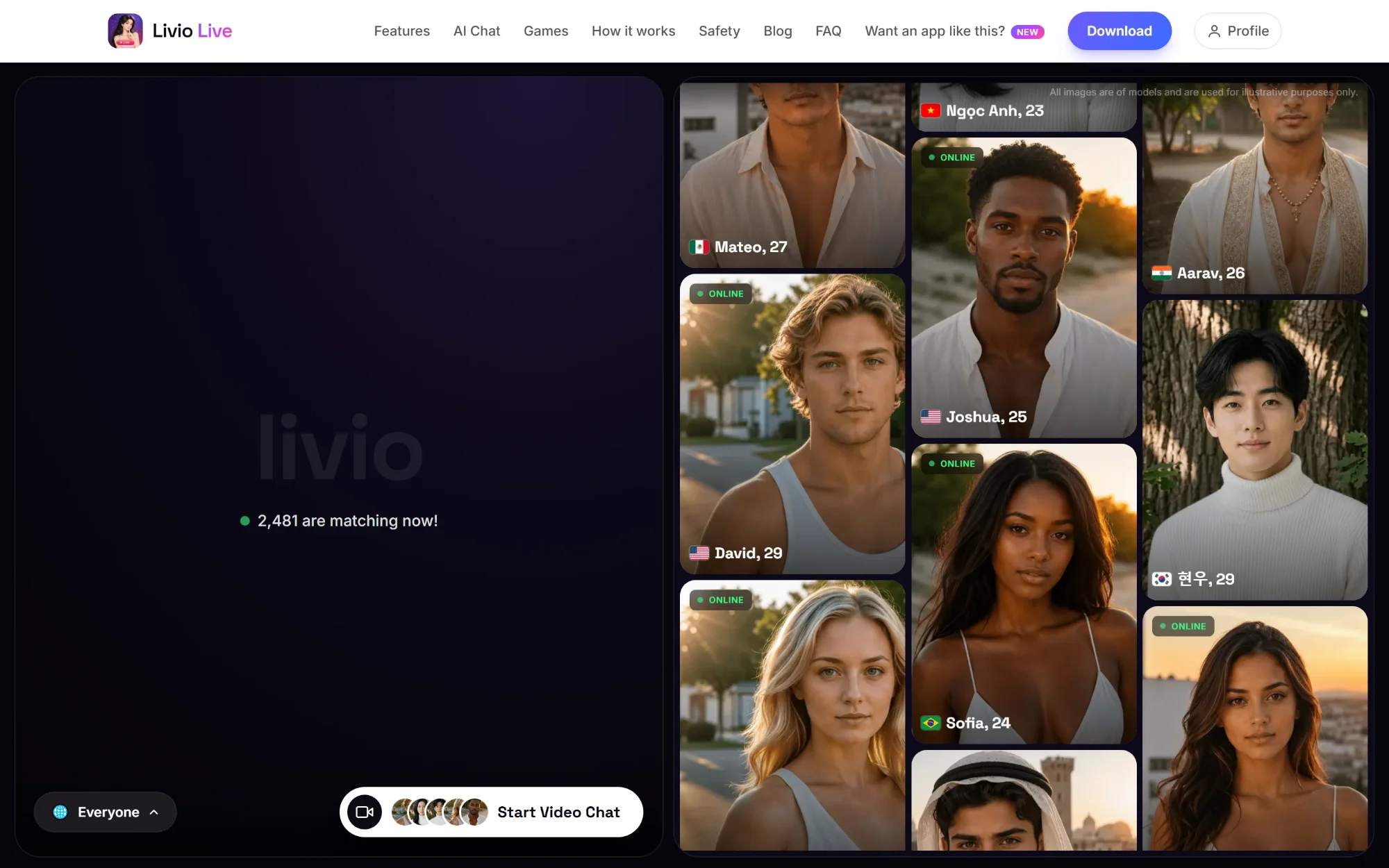 Livio Live website home page with the video chat hero