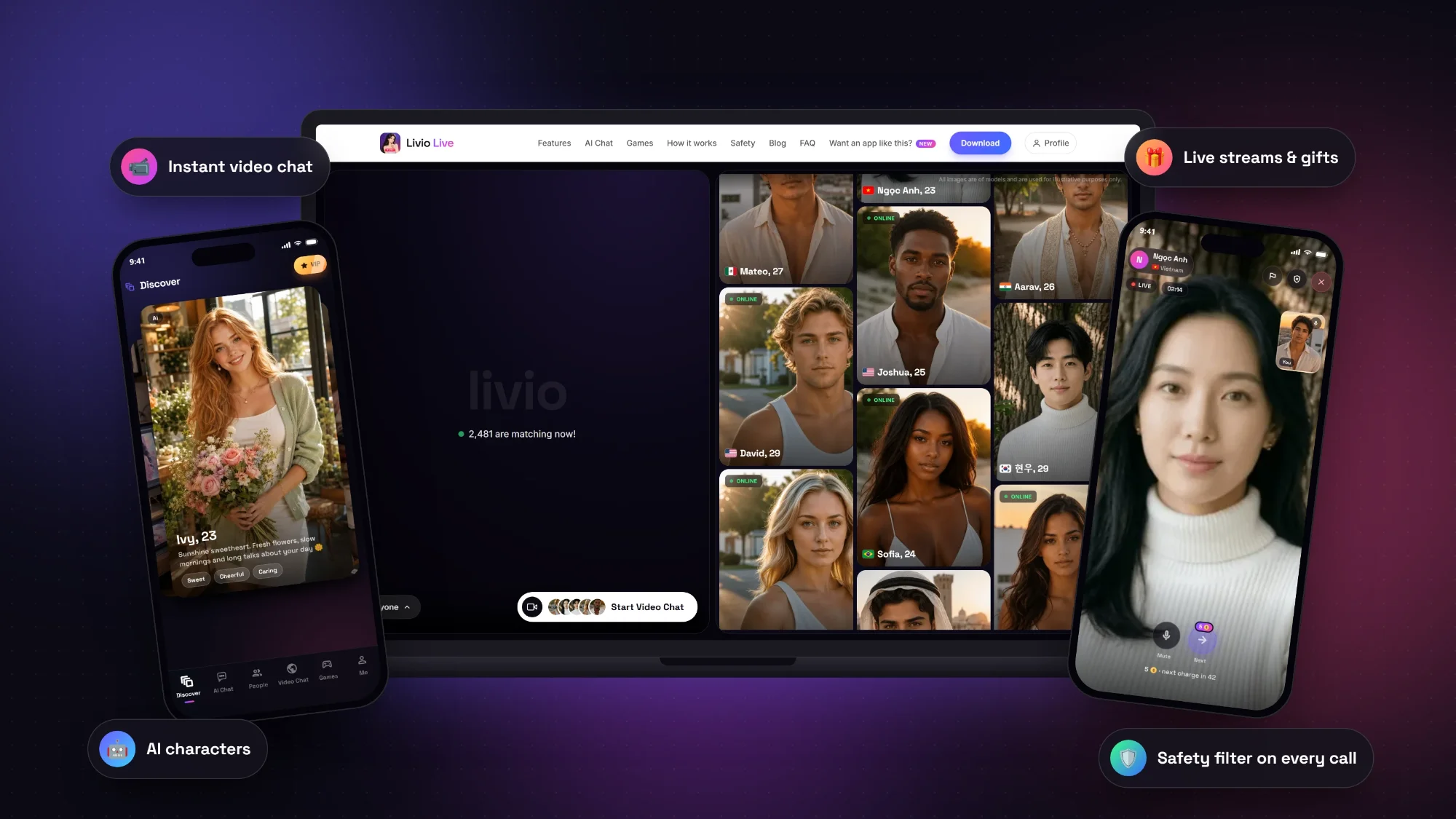 Livio Live website on a laptop with the app's Discover and video call screens on two phones