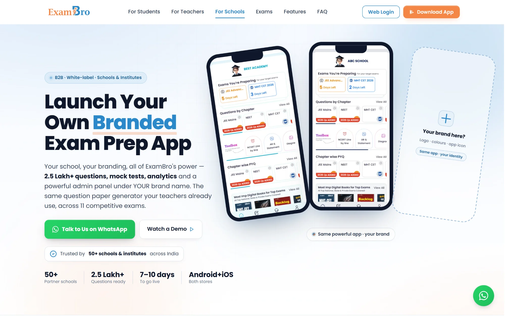 ExamBro for Schools page showing branded white-label school apps