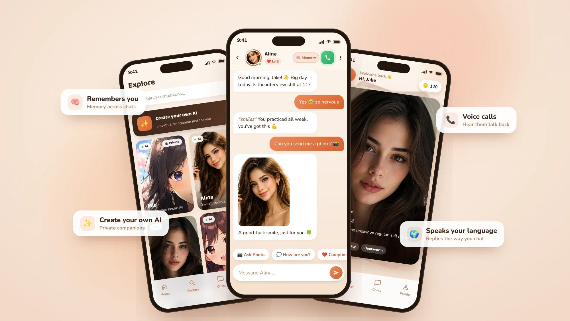 Three phones showing the Alina AI app: Explore, a chat with Alina, and the Home screen
