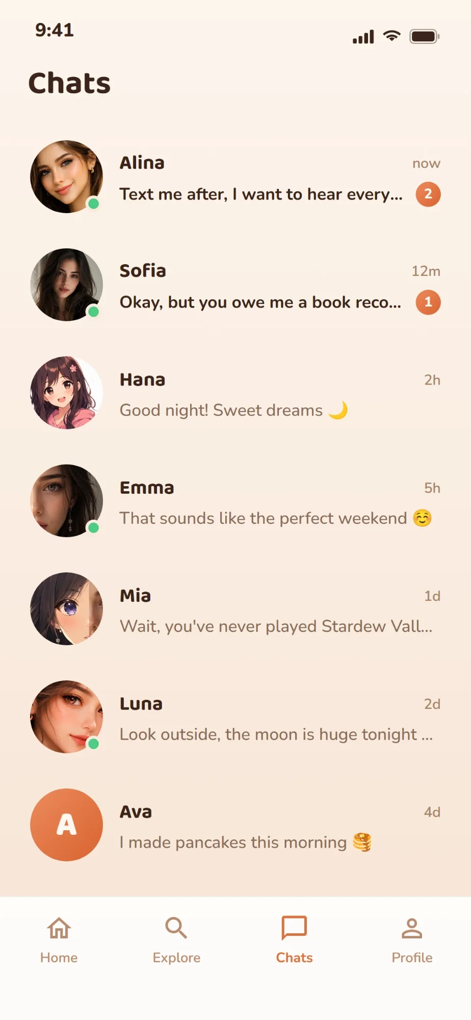Chats list with recent conversations and unread message counts