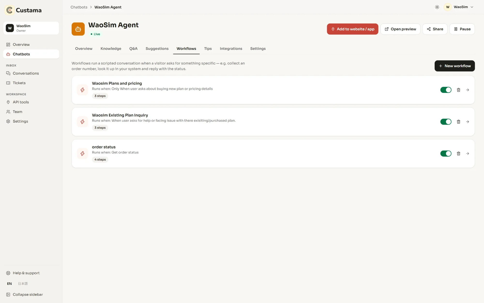 Custama workflows for plans and pricing, existing plan help and order status
