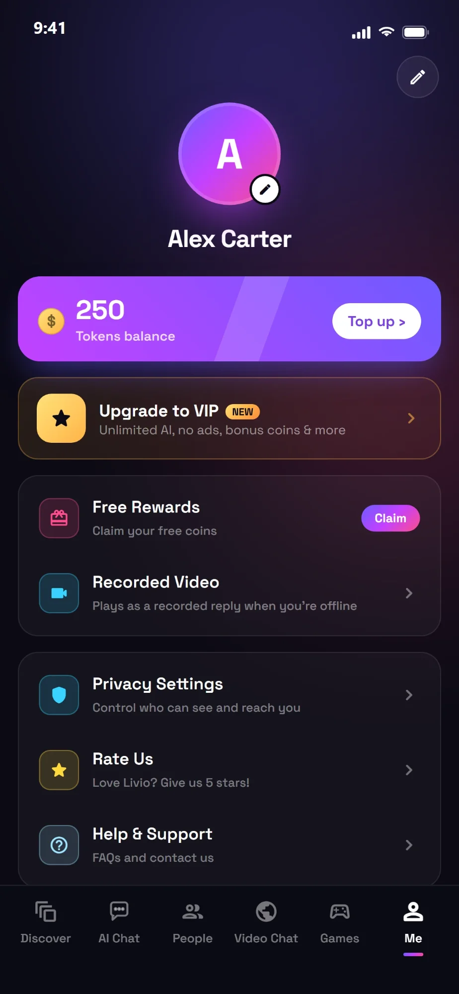 Profile screen with coin balance, VIP card and settings