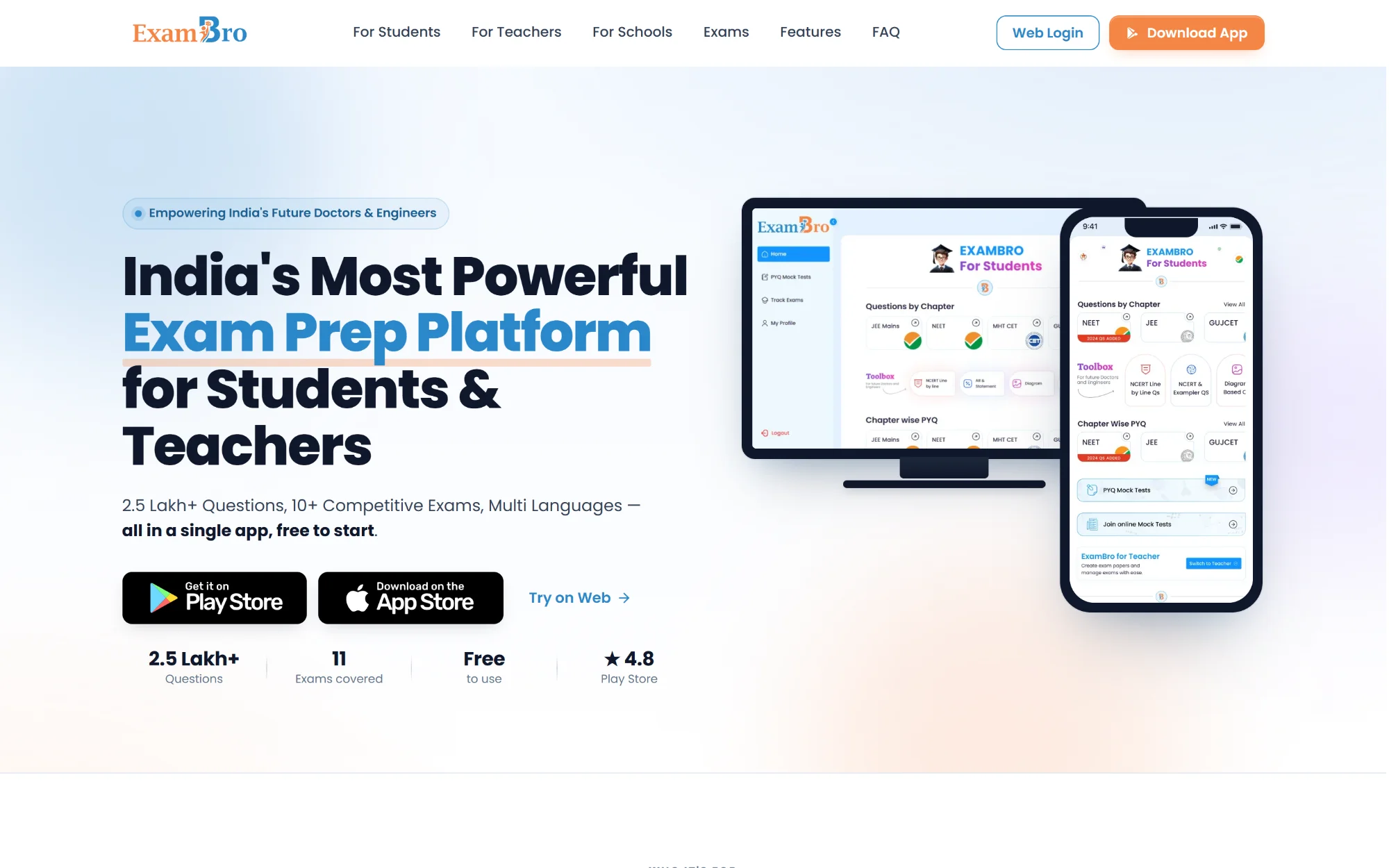 ExamBro website home page showing the student and teacher app on desktop and phone