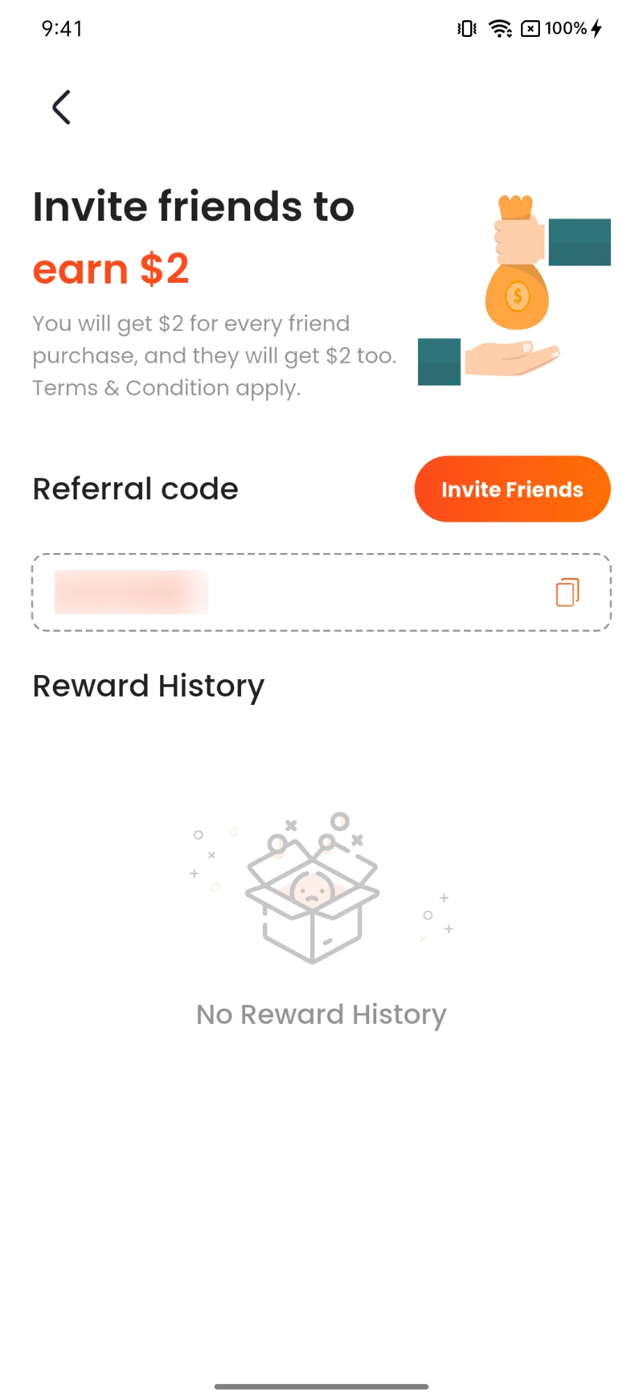 Olysim app Invite Friends screen offering $2 for every friend's purchase, with a referral code box, an Invite Friends button and a reward history section.