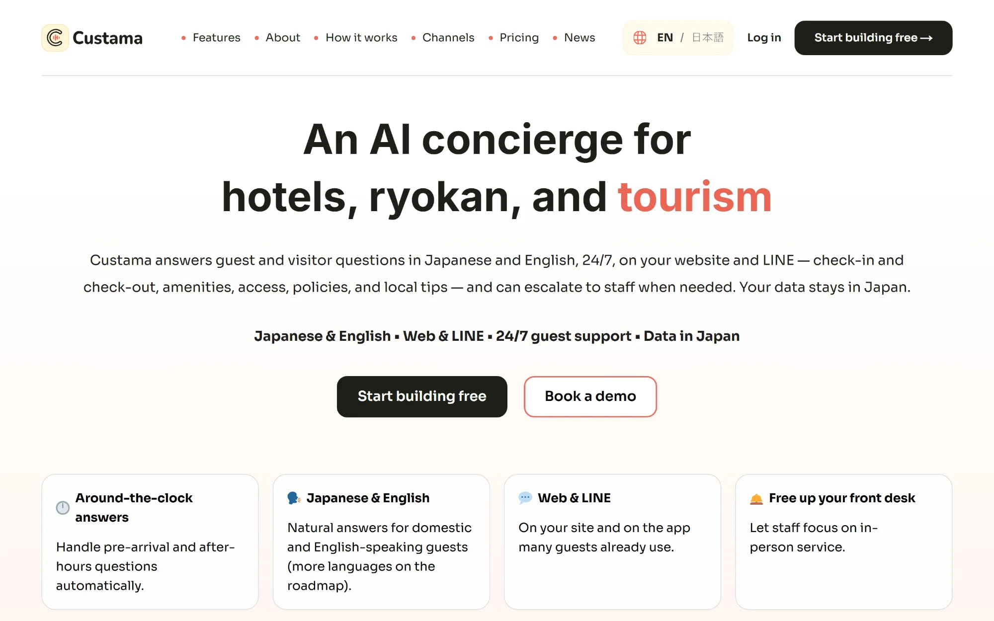 Custama page for hotels and ryokan offering a 24/7 AI concierge