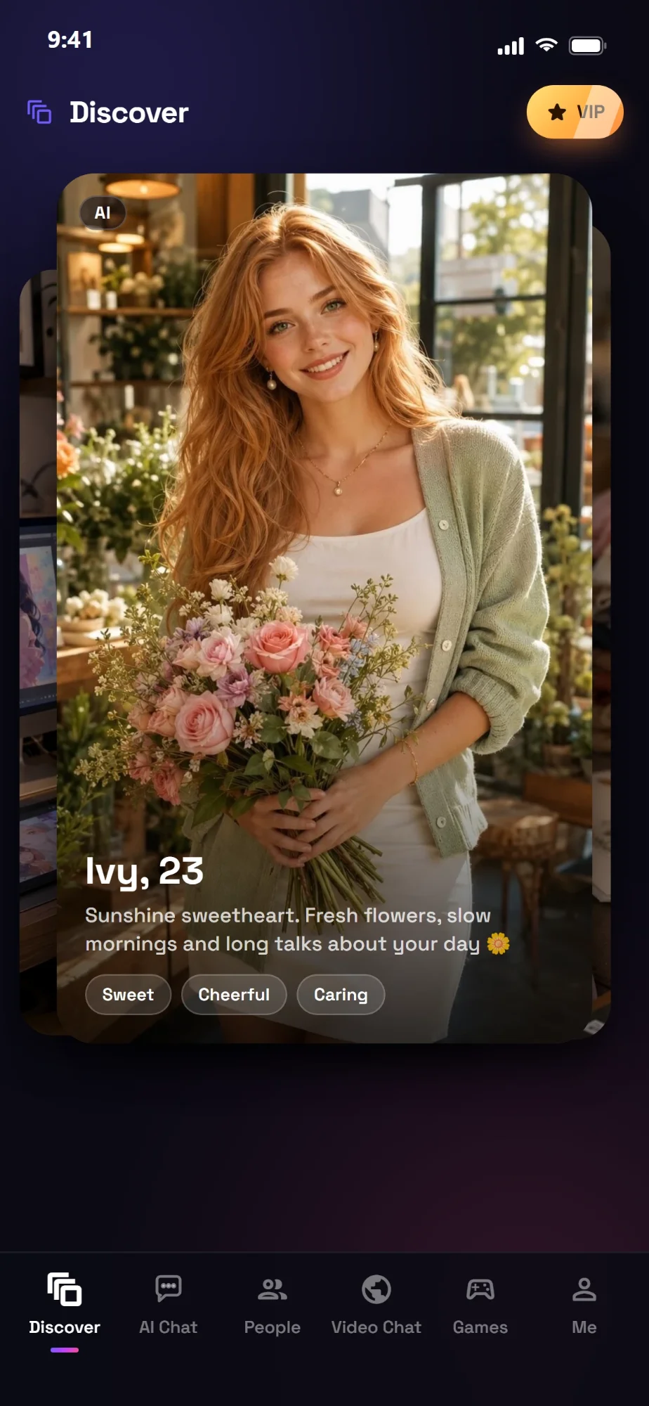 Discover screen with a swipeable AI character card